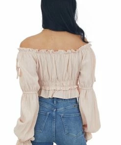 HYFVE Tops Peach Peasant Sleeve Ruffle Crop Top 12 HYFVE Tops Peach Peasant Sleeve Ruffle Crop Top