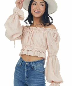 HYFVE Tops Peach Peasant Sleeve Ruffle Crop Top