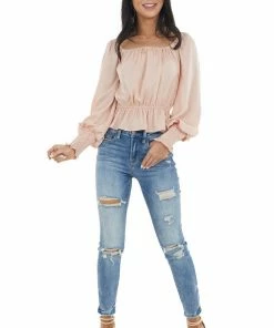 She + Sky Tops Peach Peplum Crop Top With Bubble Sleeves And Smocked Cuffs