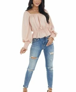 She + Sky Tops Peach Peplum Crop Top With Bubble Sleeves And Smocked Cuffs