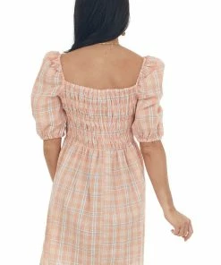 Umgee Peach Plaid Smocked 3-4 Puff Sleeve Mini Dress