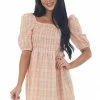 Umgee Peach Plaid Smocked 3-4 Puff Sleeve Mini Dress