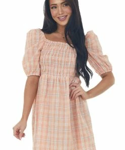 Umgee Peach Plaid Smocked 3-4 Puff Sleeve Mini Dress