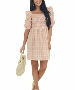 Umgee Peach Plaid Smocked 3-4 Puff Sleeve Mini Dress