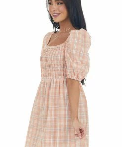 Umgee Peach Plaid Smocked 3-4 Puff Sleeve Mini Dress