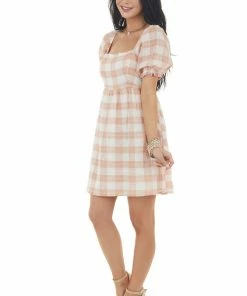 Lush Clothing Peach Plaid Square Neckline Babydoll Dress With Puff Sleeves
