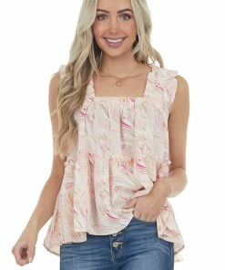 Entro Tops Peach Printed Sleeveless Tiered Woven Top