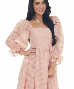 Entro Dresses Peach Sheer Checkered Pattern Short Dress