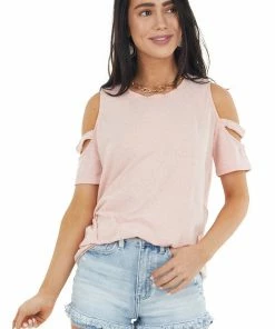 Vanilla Bay Peach Short Sleeve Stretchy Knit Top With Cold Shoulder Tops