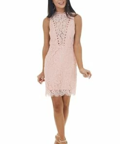 Main Strip Peach Sleeveless Lace Dress With Sheer Details