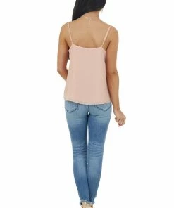 NAKED ZEBRA Peach Sleeveless Woven V Neck Camisole With Ruffle Detail