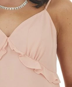 NAKED ZEBRA Peach Sleeveless Woven V Neck Camisole With Ruffle Detail