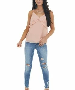 NAKED ZEBRA Peach Sleeveless Woven V Neck Camisole With Ruffle Detail