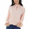 Main Strip Peach Smocked Neck Bubble Sleeve Keyhole Top 2 Main Strip Peach Smocked Neck Bubble Sleeve Keyhole Top