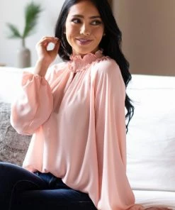 Main Strip Peach Smocked Neck Bubble Sleeve Keyhole Top