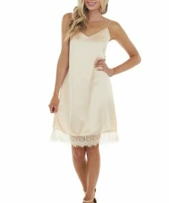 Davi & Dani Dresses Peach Spaghetti Strap V Neck Slip Dress With Lace Detail 21 Davi & Dani Dresses Peach Spaghetti Strap V Neck Slip Dress With Lace Detail