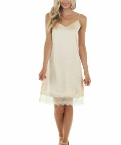 Davi & Dani Dresses Peach Spaghetti Strap V Neck Slip Dress With Lace Detail 19 Davi & Dani Dresses Peach Spaghetti Strap V Neck Slip Dress With Lace Detail