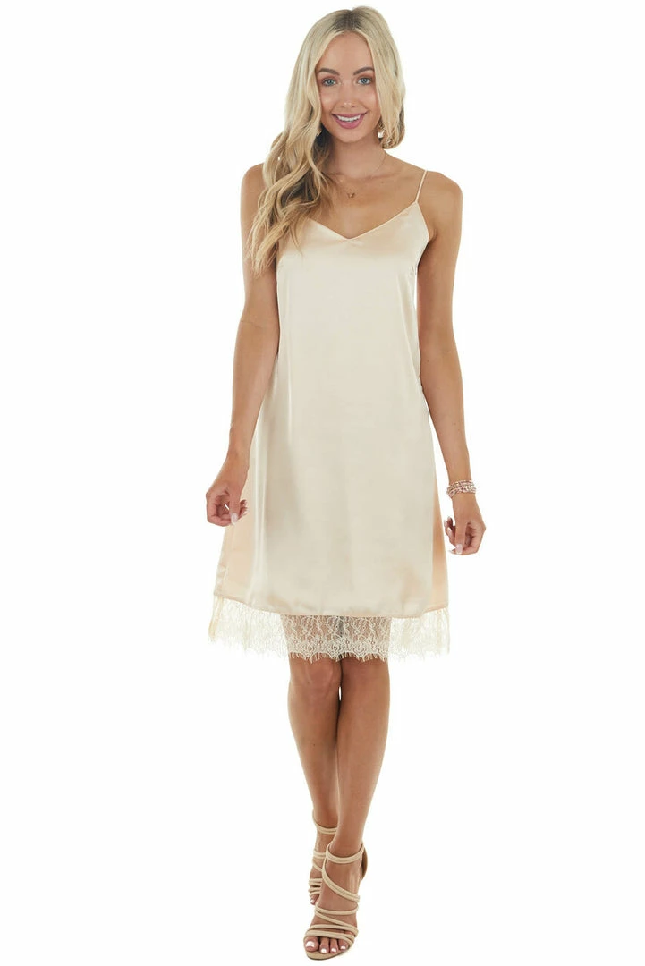Davi & Dani Dresses Peach Spaghetti Strap V Neck Slip Dress With Lace Detail 4 Davi & Dani Dresses Peach Spaghetti Strap V Neck Slip Dress With Lace Detail