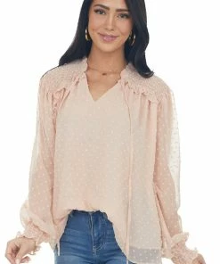 Ces Femme Tops Peach Swiss Dot Smocked Peasant Style Blouse