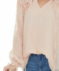 Ces Femme Tops Peach Swiss Dot Smocked Peasant Style Blouse