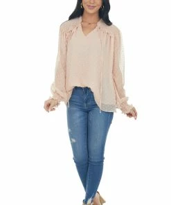 Ces Femme Tops Peach Swiss Dot Smocked Peasant Style Blouse