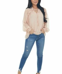 Ces Femme Tops Peach Swiss Dot Smocked Peasant Style Blouse