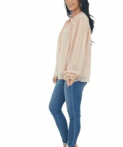 Ces Femme Tops Peach Swiss Dot Smocked Peasant Style Blouse