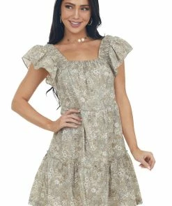 Ces Femme Peanut Floral Square Neck Tiered A Line Dress Dresses