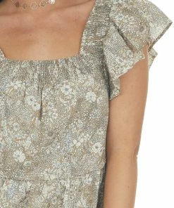 Ces Femme Peanut Floral Square Neck Tiered A Line Dress Dresses