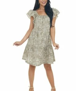 Ces Femme Peanut Floral Square Neck Tiered A Line Dress Dresses