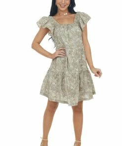 Ces Femme Peanut Floral Square Neck Tiered A Line Dress Dresses