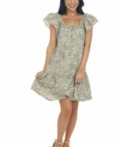 Ces Femme Peanut Floral Square Neck Tiered A Line Dress Dresses