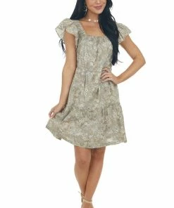 Ces Femme Peanut Floral Square Neck Tiered A Line Dress Dresses