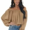 La Miel Tops Peanut Off Shoulder Long Bubble Sleeve Top 1 La Miel Tops Peanut Off Shoulder Long Bubble Sleeve Top
