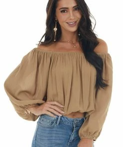 La Miel Tops Peanut Off Shoulder Long Bubble Sleeve Top
