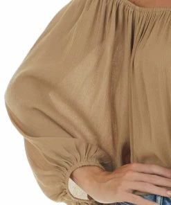 La Miel Tops Peanut Off Shoulder Long Bubble Sleeve Top