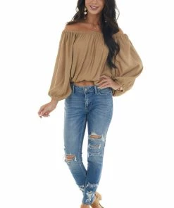 La Miel Tops Peanut Off Shoulder Long Bubble Sleeve Top