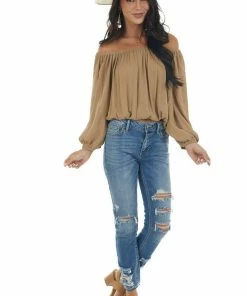 La Miel Tops Peanut Off Shoulder Long Bubble Sleeve Top