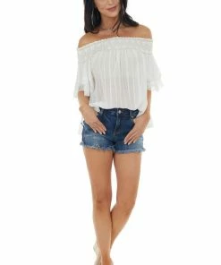 HYFVE Pearl And Beige Smocked Neckline Off The Shoulder Blouse