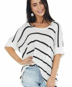 Ces Femme Pearl And Black Striped Short Sleeve Lightweight Sweater Tops