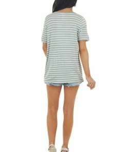 BiBi Tops Pearl And Sage Striped Short Sleeve Knit Top With Pocket