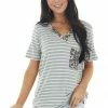 BiBi Tops Pearl And Sage Striped Short Sleeve Knit Top With Pocket 1 BiBi Tops Pearl And Sage Striped Short Sleeve Knit Top With Pocket