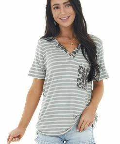 BiBi Tops Pearl And Sage Striped Short Sleeve Knit Top With Pocket