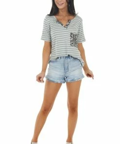 BiBi Tops Pearl And Sage Striped Short Sleeve Knit Top With Pocket