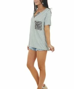 BiBi Tops Pearl And Sage Striped Short Sleeve Knit Top With Pocket