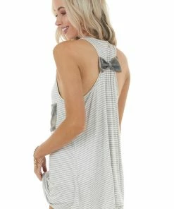 HEIMISH Pearl And Slate Striped Knit Tank Top With Bow Detail