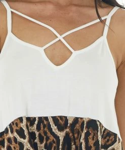 CY Fashion Pearl Colorblock Caged Neckline Tank Top With Front Tie Tops