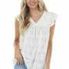 Ces Femme Pearl Short Flutter Sleeve Babydoll Eyelet Lace Knit Top