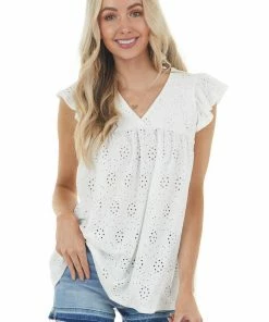 Ces Femme Pearl Short Flutter Sleeve Babydoll Eyelet Lace Knit Top