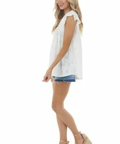 Ces Femme Pearl Short Flutter Sleeve Babydoll Eyelet Lace Knit Top